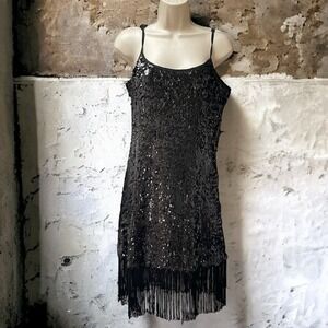 Sexy Black Sequined Flapper Fringe Dress Size Large Cocktail LBD Halloween